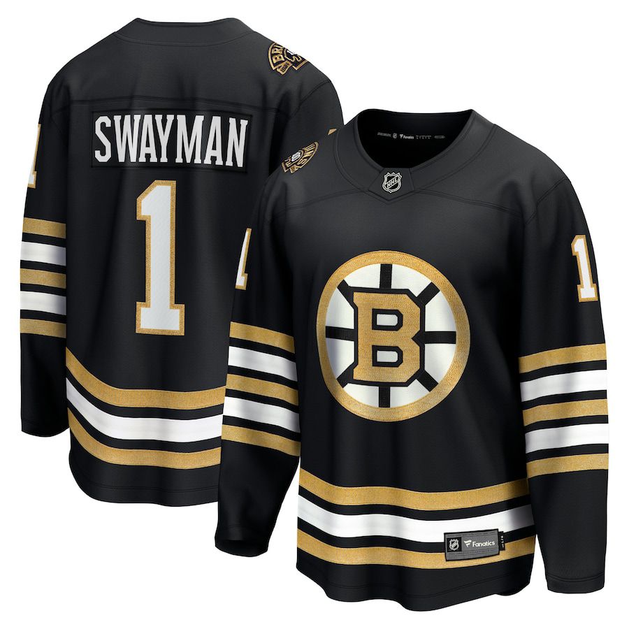 Men Boston Bruins 1 Jeremy Swayman Fanatics Branded Black 100th Anniversary Premier Breakaway Player NHL Jersey